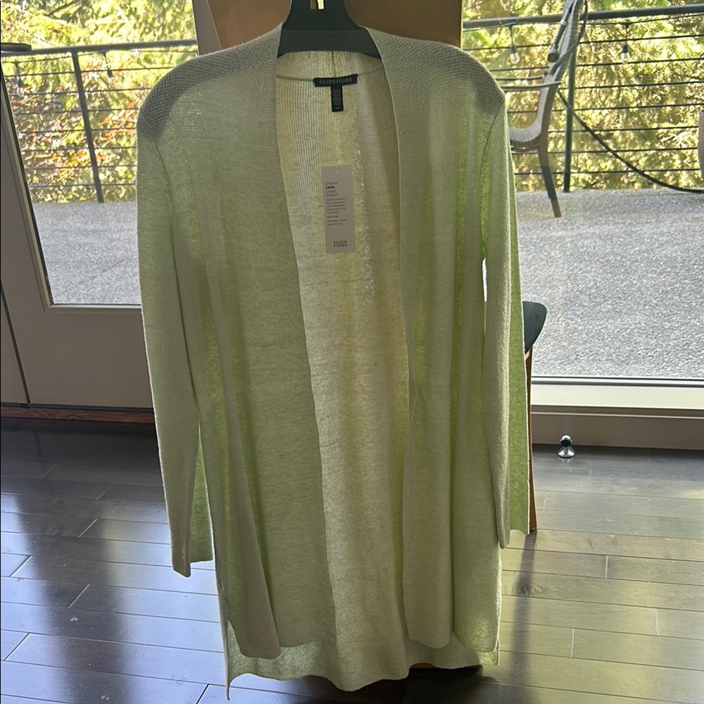 Eileen Fisher Green Cardigan Sweater Lightweight Open Front